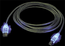 USB 2.0 Kabel Typ A/B transparent mit blau leuchtenden Steckern,