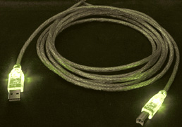 USB 2.0 Kabel Typ A/B transparent mit grn leuchtenden Steckern,